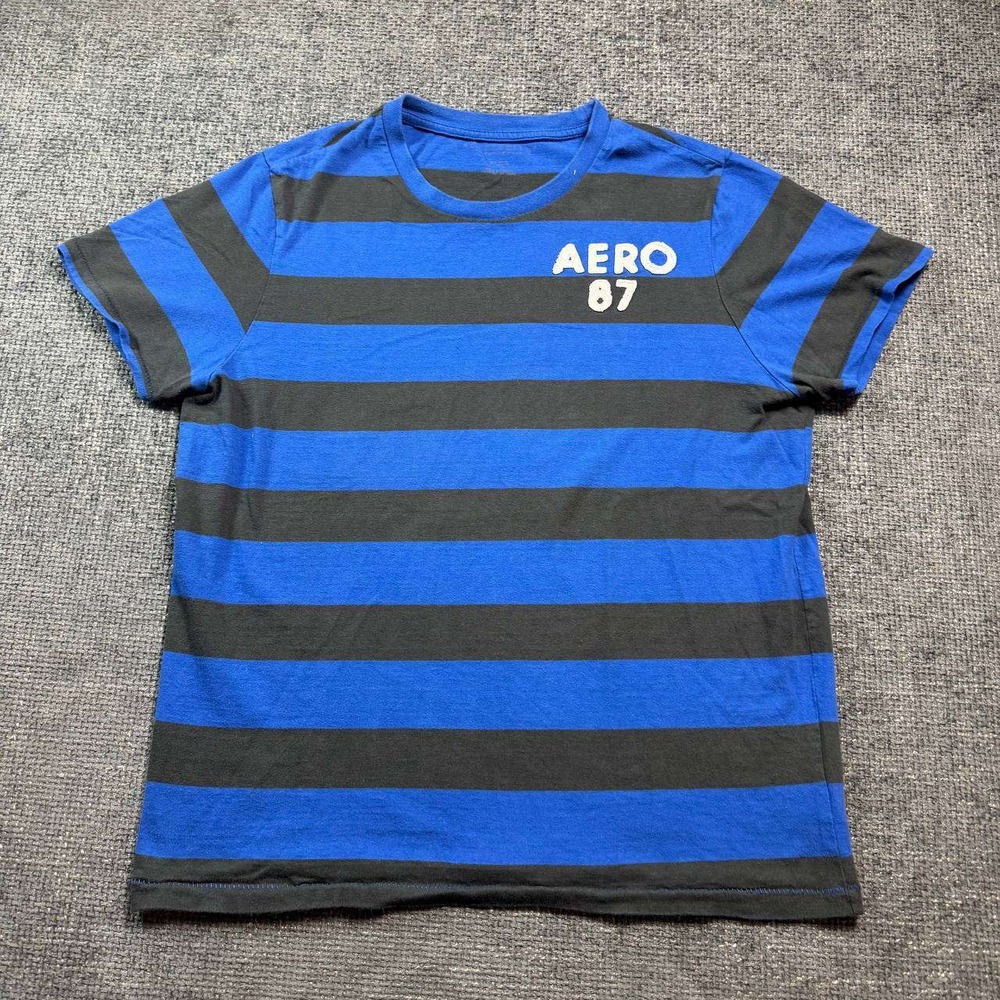 Aeropostale Striped Tee Mens XL Blue Grey AERO 87 Patch Short Sleeve Y2K Skater